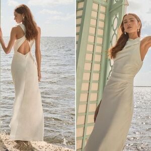 LULU's Bridal Satin Cowl Neck Modest Elegant Open Back Sophisticated Maxi Gown